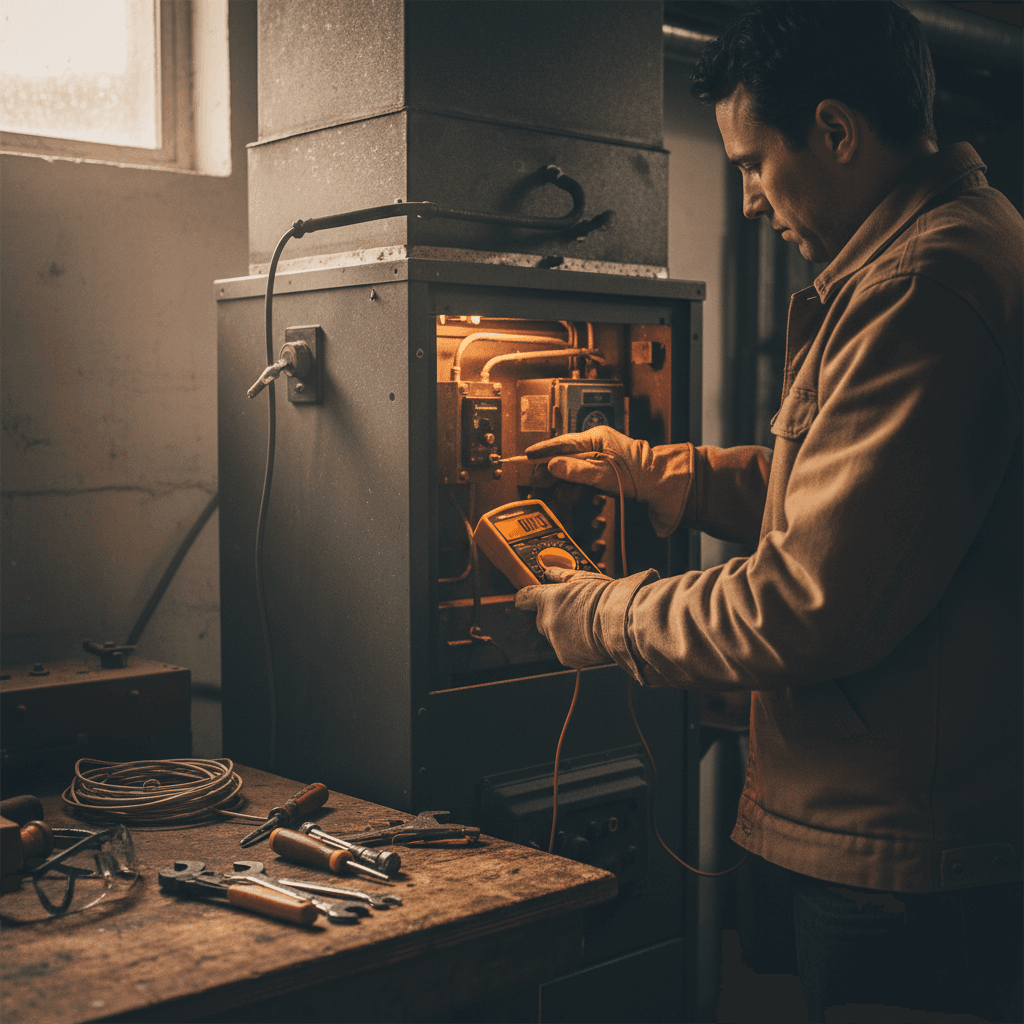 HVAC technician diagnosing furnace electrical issues