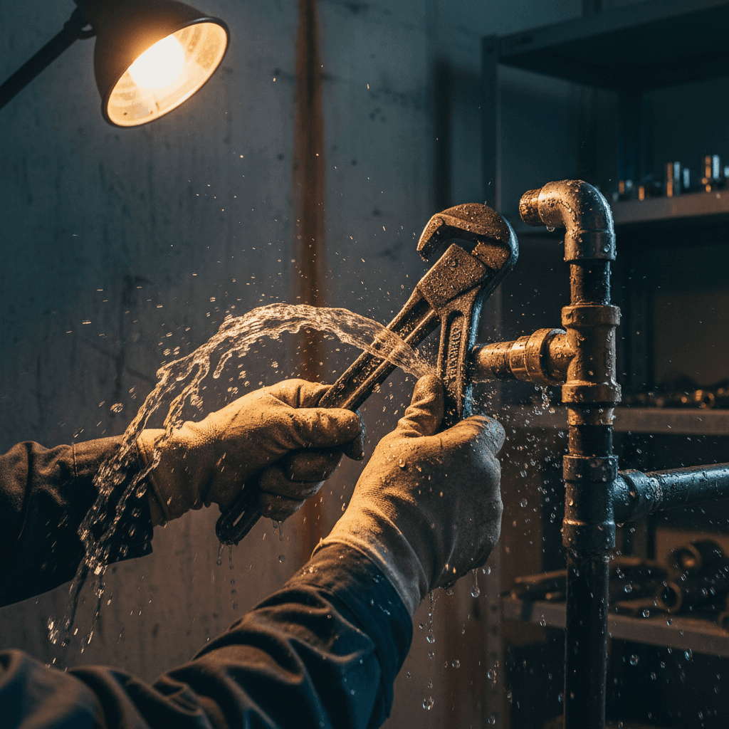 Plumber performing emergency repair on burst water pipe