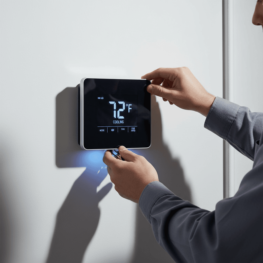 Smart thermostat installation on residential wall