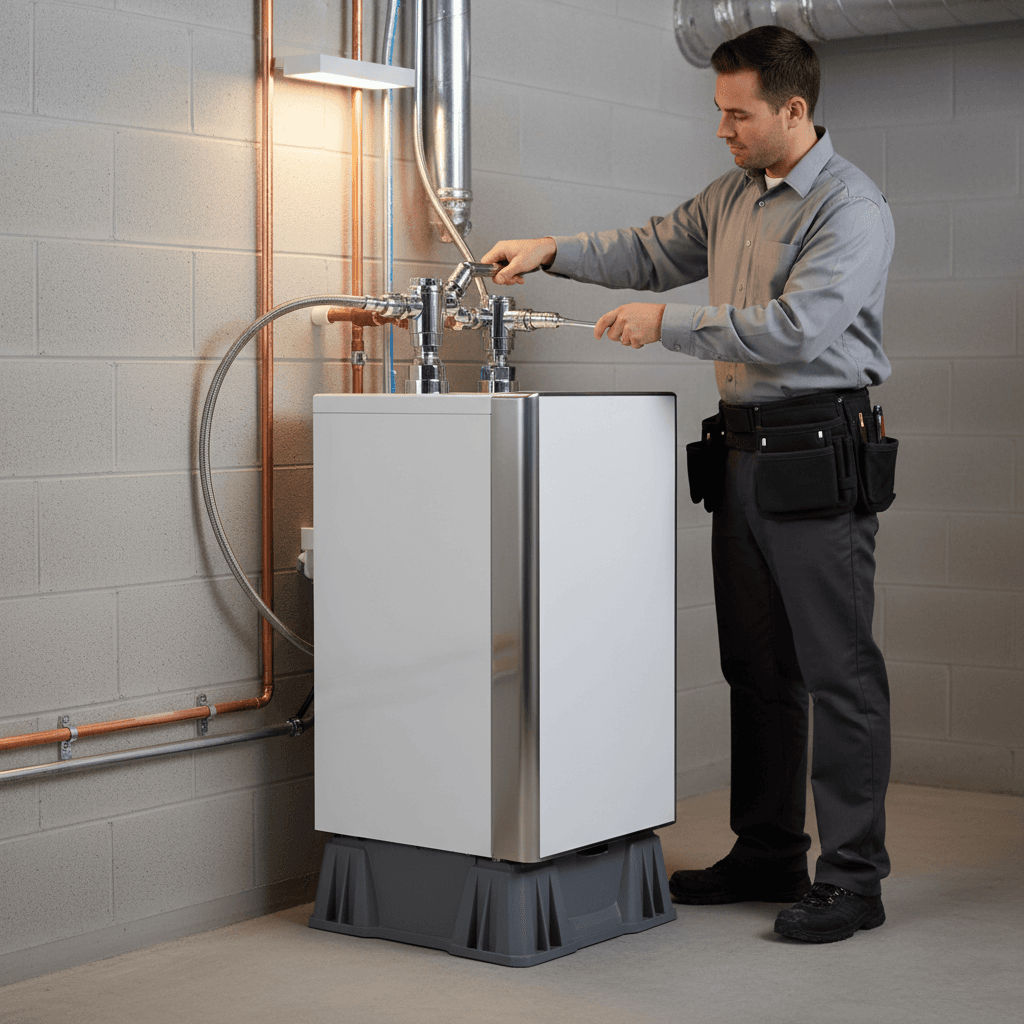 Technician installing new water heater unit