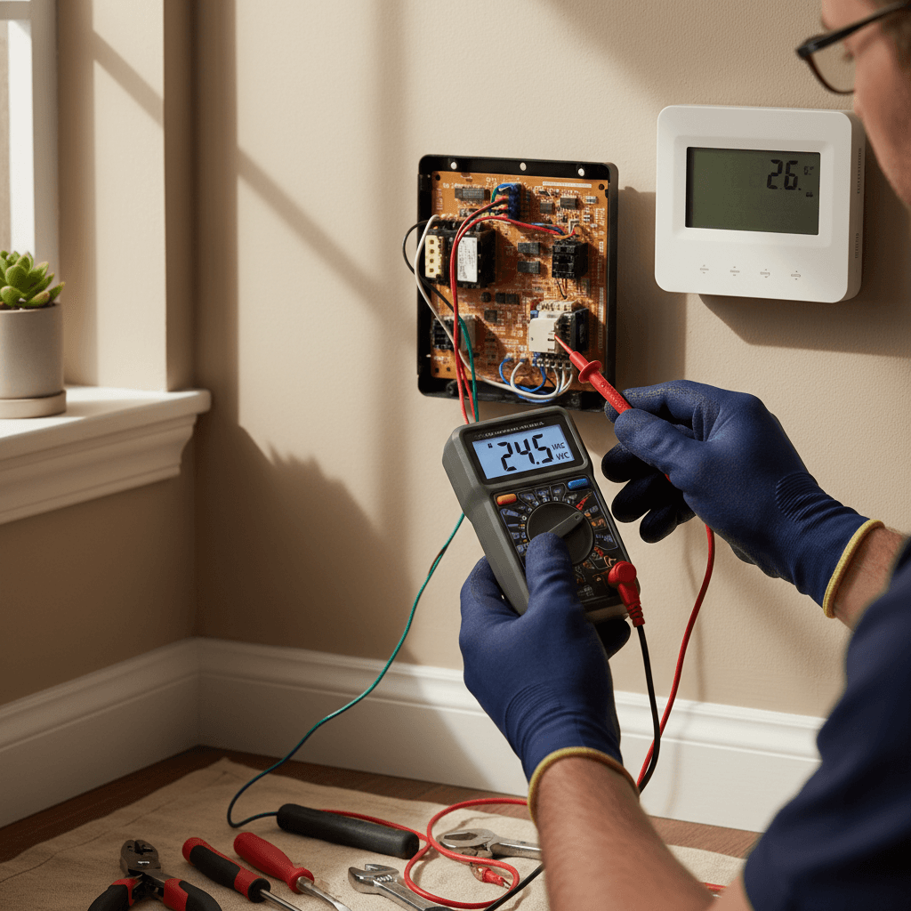 Technician performing HVAC system diagnostic during maintenance visit