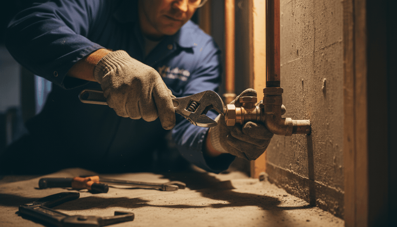 Licensed plumber adjusting copper piping with professional tools