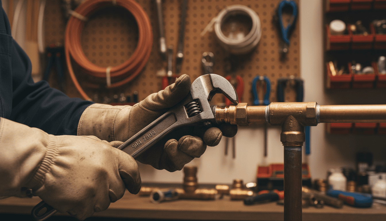 Plumber's hands working on copper pipe connection with precision tools