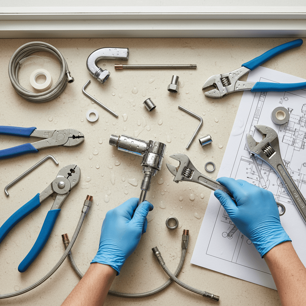 Overhead view of plumber's hands assembling bathroom faucet fixture with various specialized tools